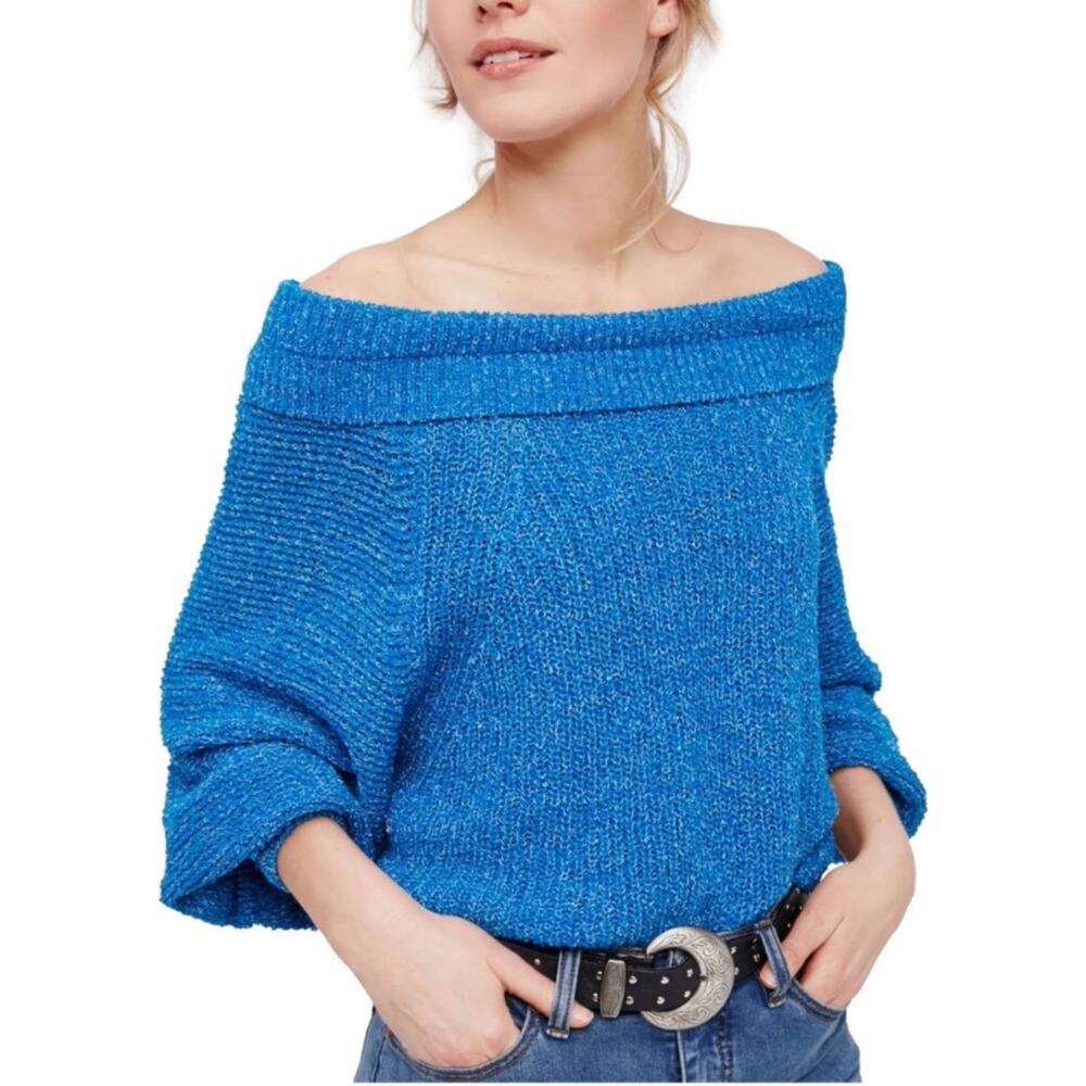 Free People Edessa Off Shoulder Pullover Knit Sweater Deep Sea Blue | Women's M
